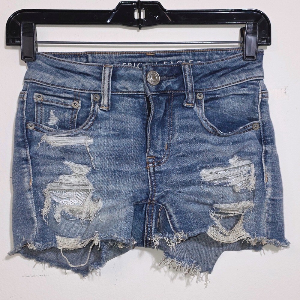 American Eagle Midi Denim Shorts Womens 00 Blue Good Distressed Lace Next Level - Picture 4 of 10